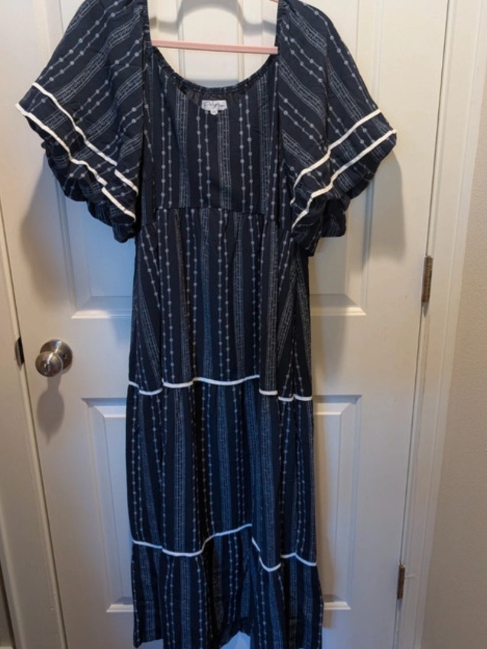 Polagram Navy Blue Tiered Maxi Dress with White Trim And Flower Print